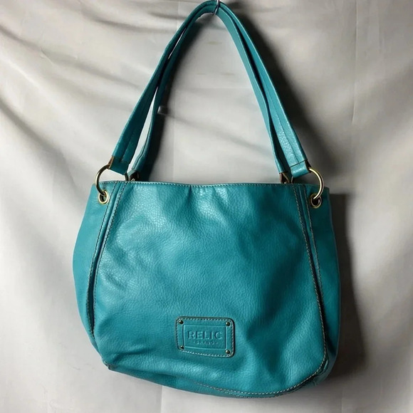 RELIC TURQUOISE SHOULDER STRAP PURSE TAN STITCHING LINED SNAP CLOSE POCKETS - Picture 11 of 13